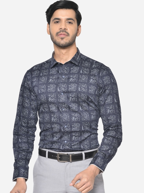 

JB STUDIO Men Navy Blue & Grey Slim Fit Floral Printed Cotton Formal Shirt