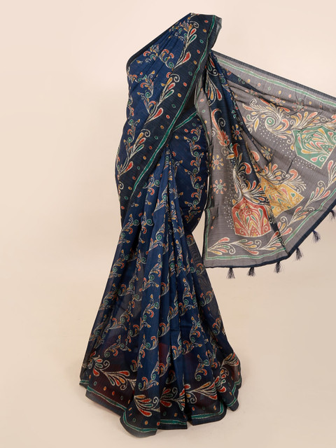 

Pothys Navy Blue Cotton Blend Printed Chanderi Saree