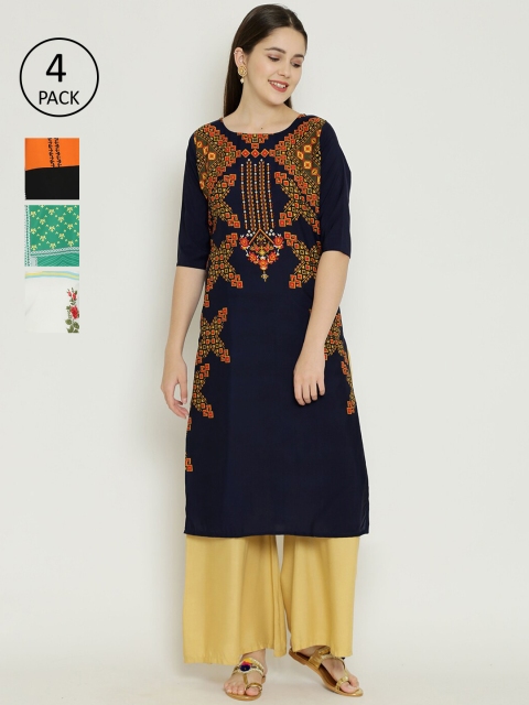 

7Threads Pack of 4 Printed Crepe Kurtas, Navy blue