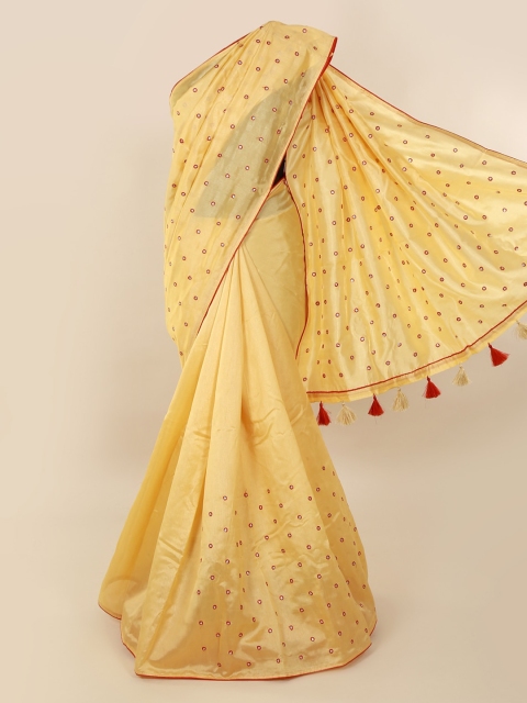 

Pothys Cream-Coloured & Pink Cotton Blend Embroidered Saree