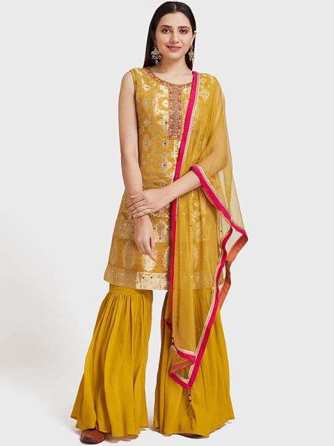 

Neerus Women Mustard Yellow Embroidered Kurta with Sharara & Dupatta