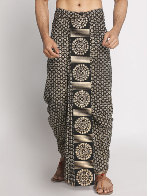 

Nakshi Men Black & Gold-Coloured Handblock Printed Dhoti