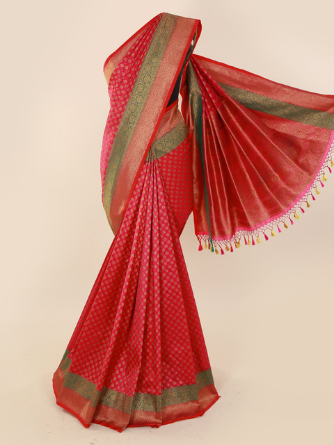 

Pothys Pink & Green Pure Silk Woven Design Banarasi Saree With Tasseled Border