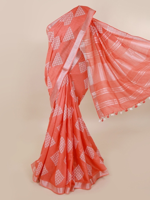 

Pothys Peach-Coloured & White Linen Blend Printed Saree