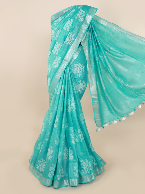 

Pothys Blue Printed Linen Blend Saree