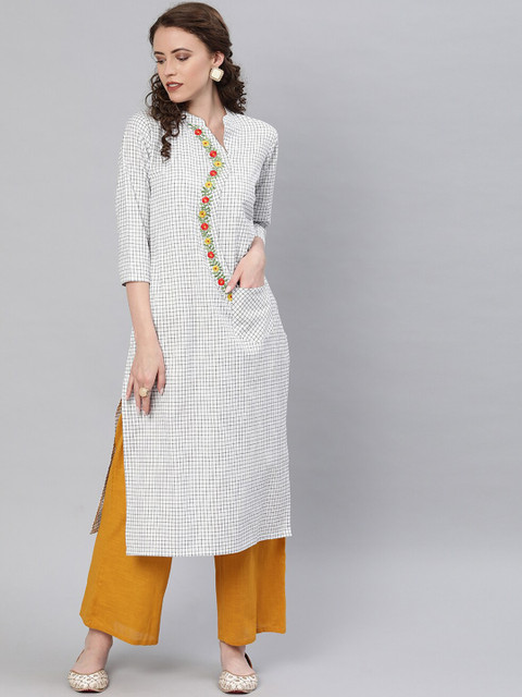 

Shakumbhari Women White Checked Thread Work Kurta