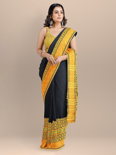 

BharatSthali Black & Yellow Pure Cotton Solid Sambalpuri Saree