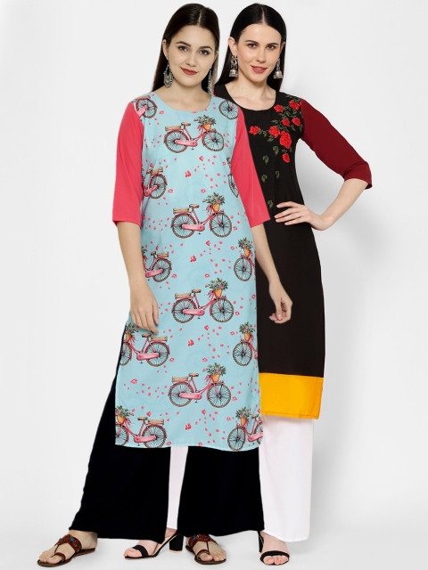 

7Threads Multicoloured Geometric Printed Crepe Kurta Combo, Multi