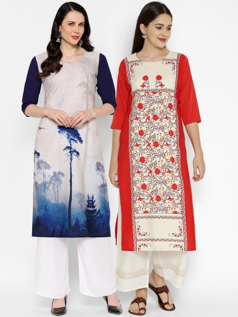 

7Threads Pack of 2 Multicoloured Floral Printed Extended Sleeves Crepe Kurta, Multi