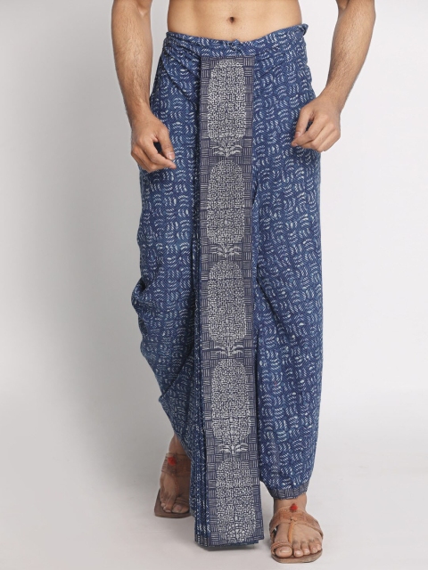 

Nakshi Men Black & Grey Hand Block Printed Stitched Dhoti, Blue