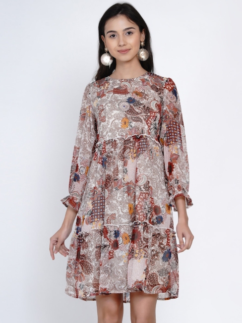 

Abiti Bella Women Off-White & Maroon Floral Printed Fit and Flare Dress