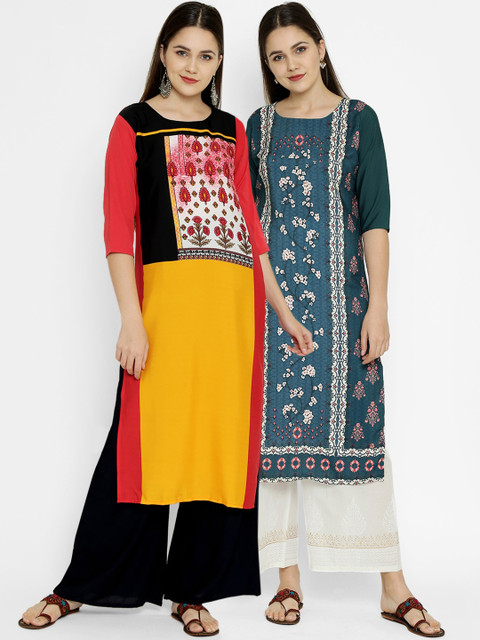 

7Threads Pack Of 2 Ethnic Motifs Printed Crepe Kurtas, Multi