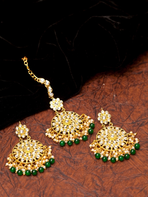 

Shining Diva Gold Plated White Kundan Studded & Green Beaded Jewellery Set
