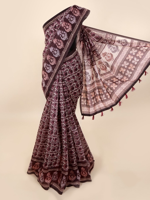 

Pothys Burgundy & Purple Cotton Blend Printed Saree With Tasseled Pallu