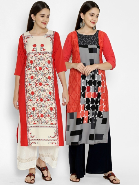 

7Threads Women Pack of 2 Floral Printed Crepe Kurta, Multi