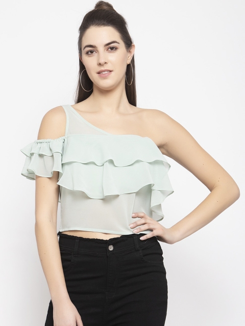 

EMBLAZE Sea Green One Shoulder Cold-Shoulder Sleeves Crop Top