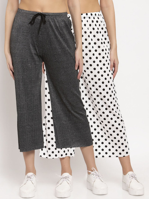 

KLOTTHE Women Pack of 2 Printed Wide Leg Palazzos, White