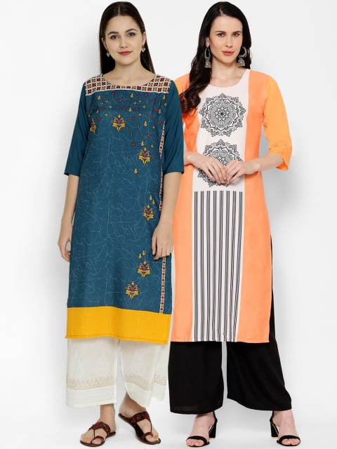 

7Threads Pack Of 2 Ethnic Motifs Printed Crepe Kurta, Multi