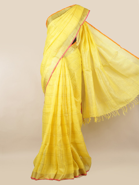 

Pothys Yellow & Gold-Coloured Linen Blend Checked Saree