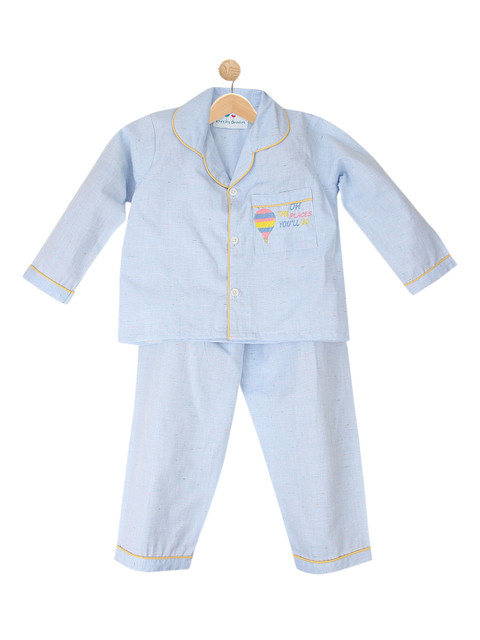 

Knitting Doodles Unisex Kids Blue Solid Cotton Night Suit With Hot Air Balloon Embroidery