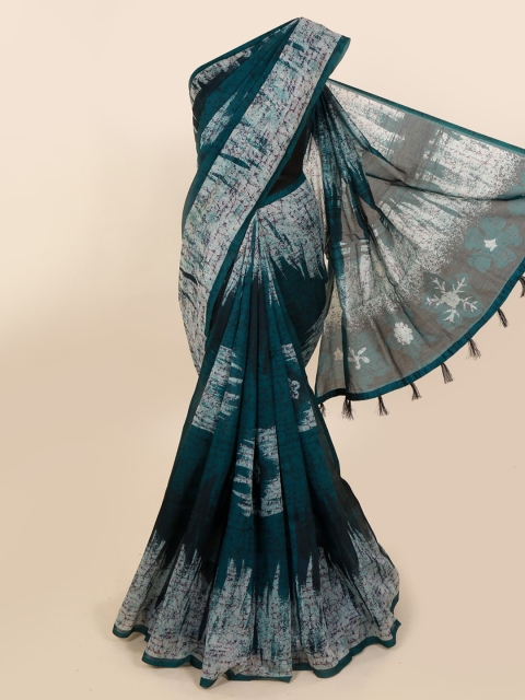 

Pothys Teal Printed Cotton Blend Saree With Tasseled Pallu