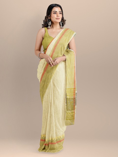 

BharatSthali Cream-Coloured Pure Cotton Woven Design Maheshwari Saree