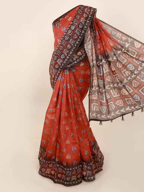 

Pothys Red & Coffee Brown Cotton Blend Printed Saree With Tasseled Pallu