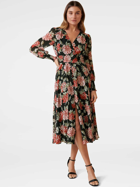 

Forever New Women Black & Red Floral Printed Fit and Flare Dress