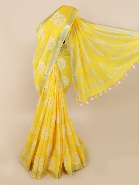

Pothys Yellow Printed Linen Blend Saree