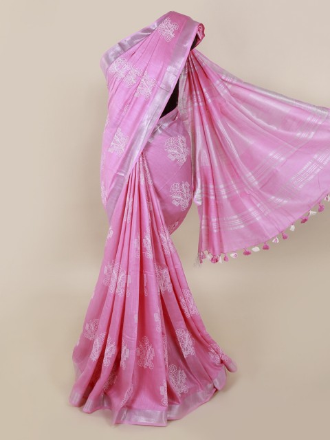 

Pothys Pink & White Linen Blend Printed Saree