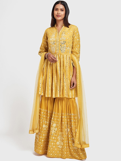 

Neerus Women Yellow Embroidered Kurti with Sharara & Dupatta