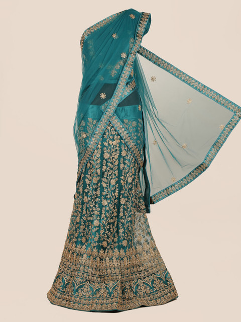 

Pothys Teal & Gold-Toned Net Embroidered Traditional Half Saree