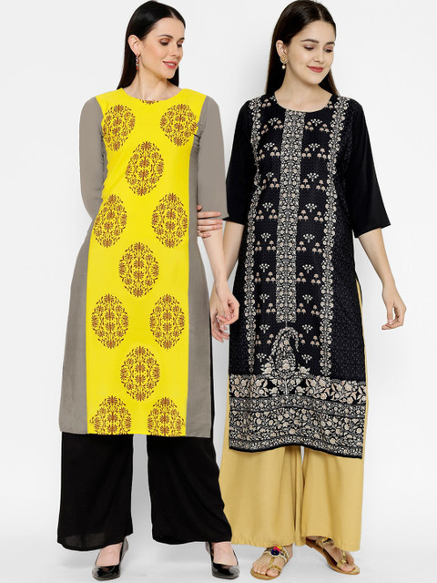 

7Threads Women Grey Ethnic Motifs Printed Crepe Kurta Set of 2