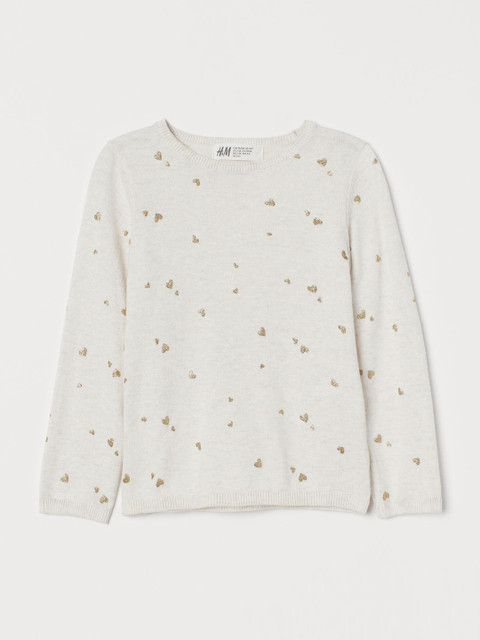 

H&M Girls White Printed Fine-Knit Cotton Jumper