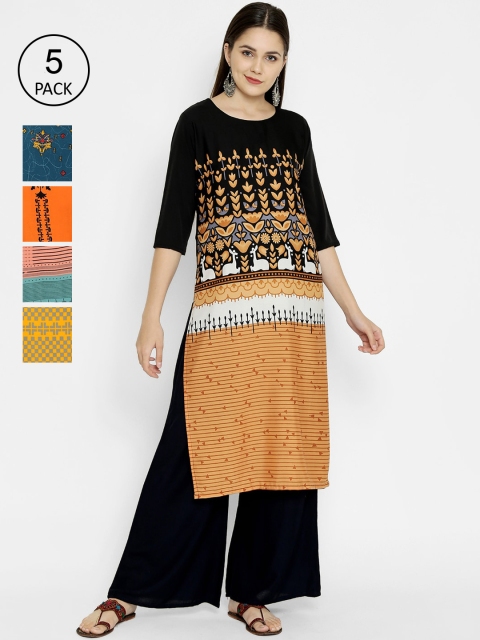 

7Threads Pack of 5 Printed Crepe Kurtas, Orange