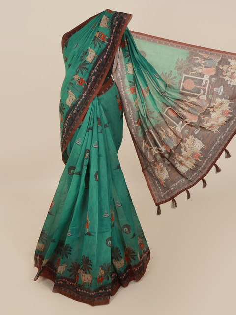 

Pothys Green Cotton Blend Printed Chanderi Saree