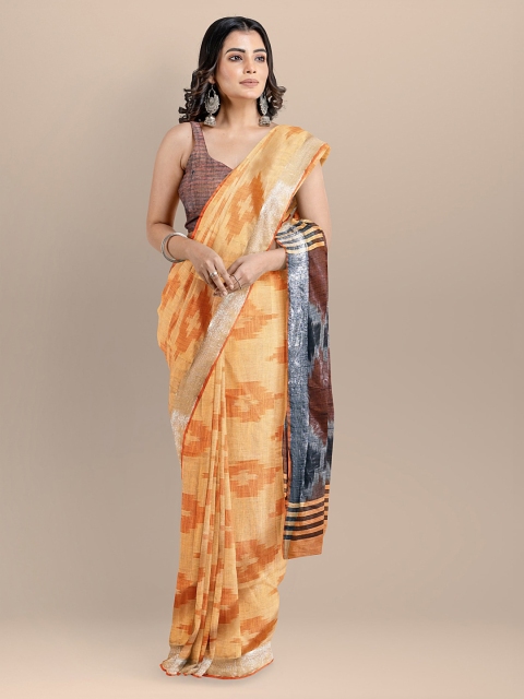 

BharatSthali Orange Pure Cotton Printed Ikat Saree