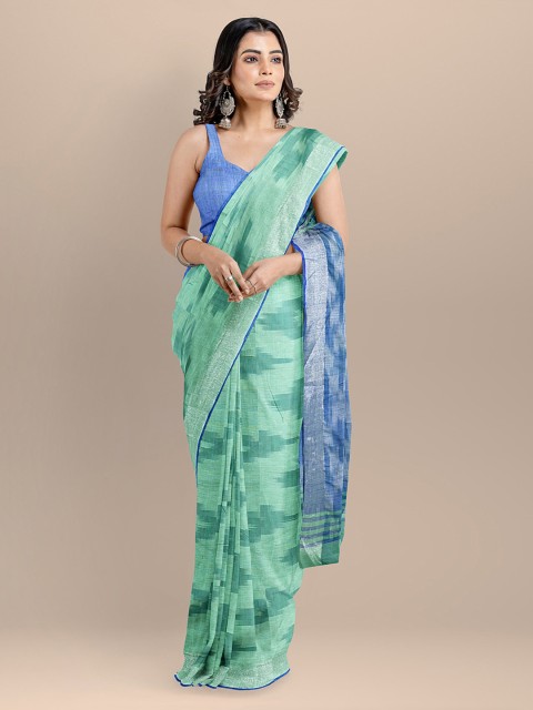 

BharatSthali Green & Blue Pure Cotton Woven Design Ikat Saree
