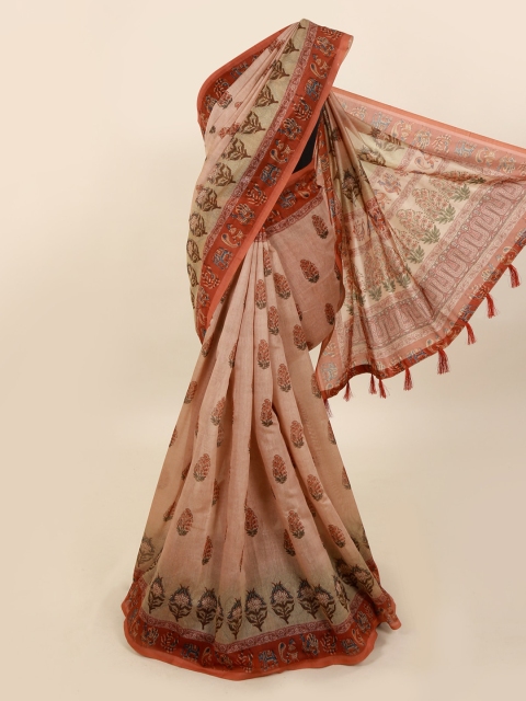 Pothys Peach-Coloured Cotton Blend Printed Chanderi Saree