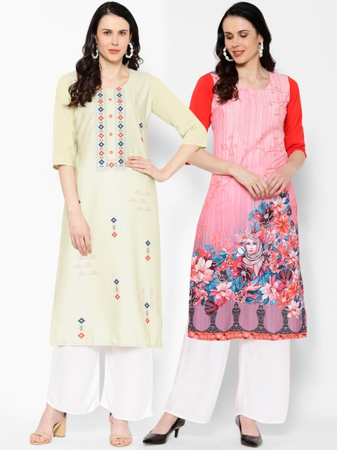 

7Threads Women Pack of 2 Floral Printed Straight Kurtas, Yellow