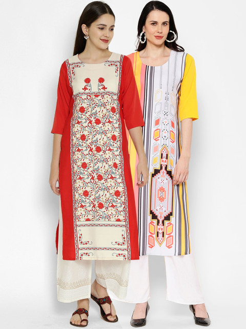 

7Threads Women Pack of 2 Multicoloured Ethnic Motifs Printed Crepe Kurta, Multi