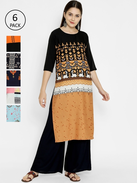 

7Threads Pack Of 6 Printed Crepe Round Neck Regular Sleeves Kurtas, Navy blue