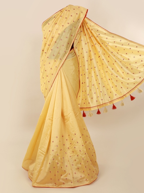 

Pothys Cream-Coloured & Pink Cotton Blend Embroidered Saree