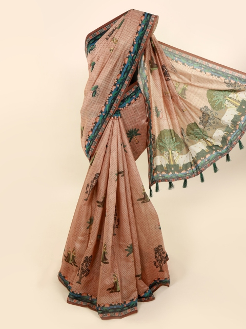 

Pothys Peach-Coloured & Green Cotton Blend Printed Saree