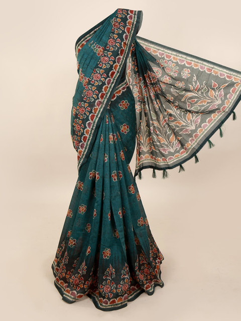 

Pothys Teal Cotton Blend Batik Printed Chanderi Saree