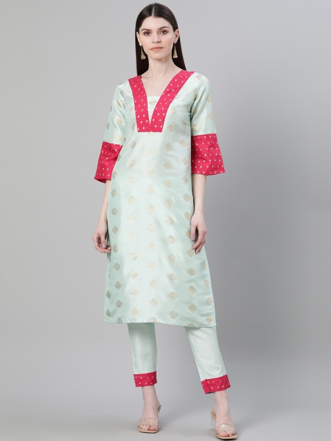

ZIYAA Women Pastel Blue & Gold-Toned Printed Kurta with Trousers