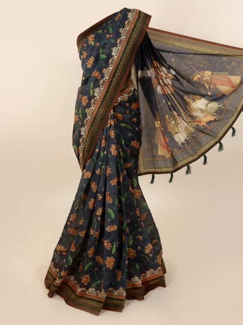 

Pothys Blue Cotton Blend Floral Printed Chanderi Saree