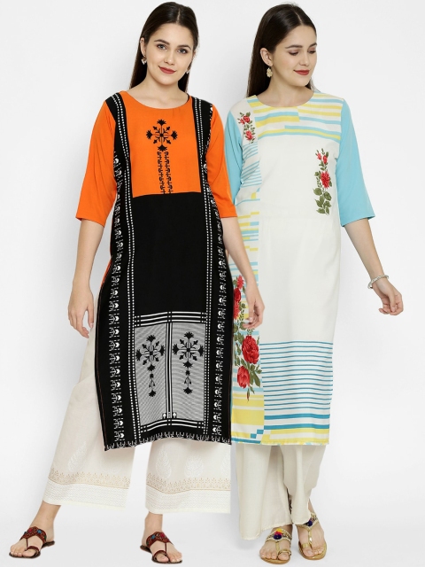 

7Threads Women Orange Floral Printed Crepe Kurta Set of 2