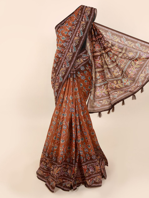 

Pothys Brown Cotton Blend Printed Chanderi Saree
