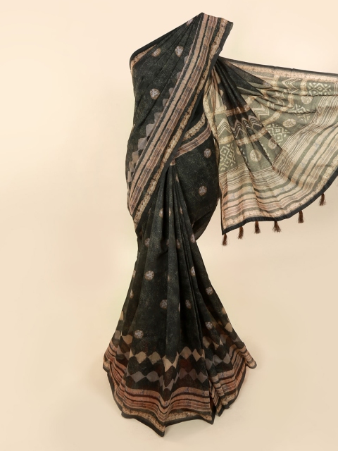

Pothys Green & Beige Cotton Blend Printed Saree With Tasseled Pallu